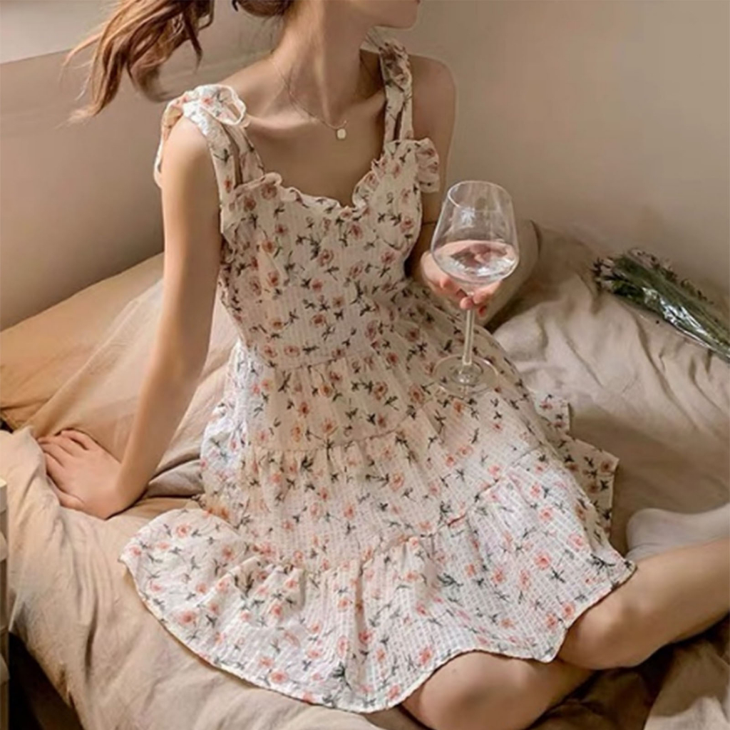❤ Đầm Hai Dây Màu Trơn In Họa Tiết Hoa Phong Cách Pháp Cổ Điển Thời Trang Cho Nữ