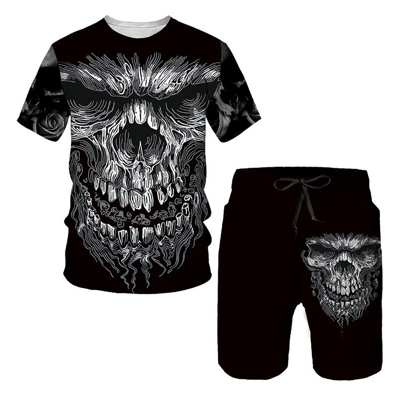 Set Đồ Thể Thao 2 Món Gồm Áo Thun + Quần Short In Họa Tiết Đầu Lâu 3D Phong Cách Punk Mới Cho Nam Và Nữ
