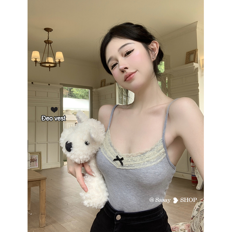 QADCOL Áo Hai Dây Mỏng Ghép Nối Nơ Viền Ren Màu Xám Chống Trượt Mùa Hè Cho Nữ Mặc Ngoài Trời niche