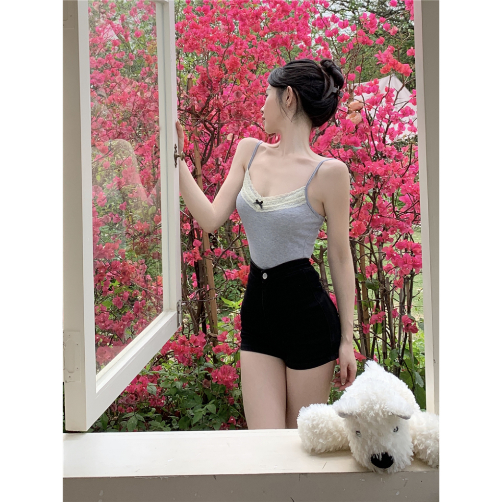 QADCOL Áo Hai Dây Mỏng Ghép Nối Nơ Viền Ren Màu Xám Chống Trượt Mùa Hè Cho Nữ Mặc Ngoài Trời niche