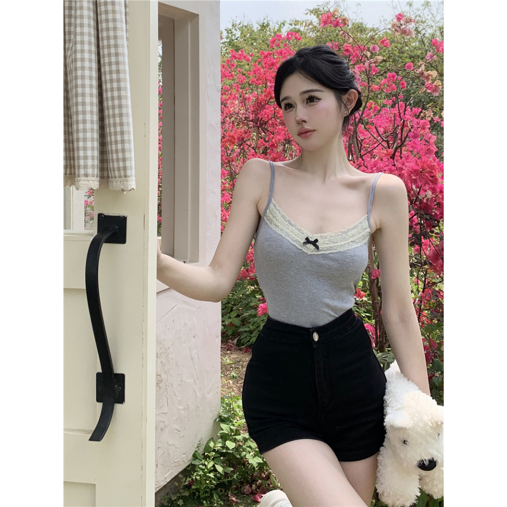 QADCOL Áo Hai Dây Mỏng Ghép Nối Nơ Viền Ren Màu Xám Chống Trượt Mùa Hè Cho Nữ Mặc Ngoài Trời niche