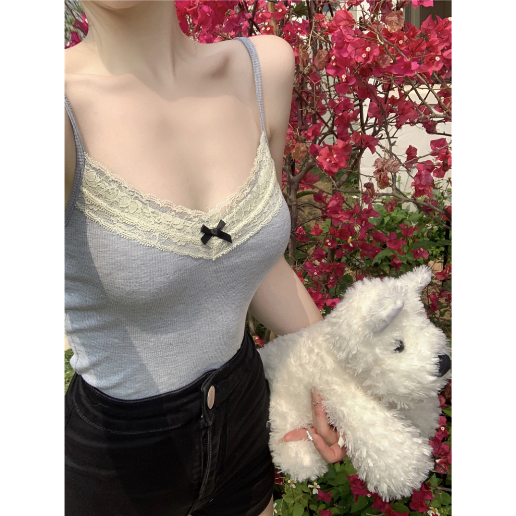 QADCOL Áo Hai Dây Mỏng Ghép Nối Nơ Viền Ren Màu Xám Chống Trượt Mùa Hè Cho Nữ Mặc Ngoài Trời niche