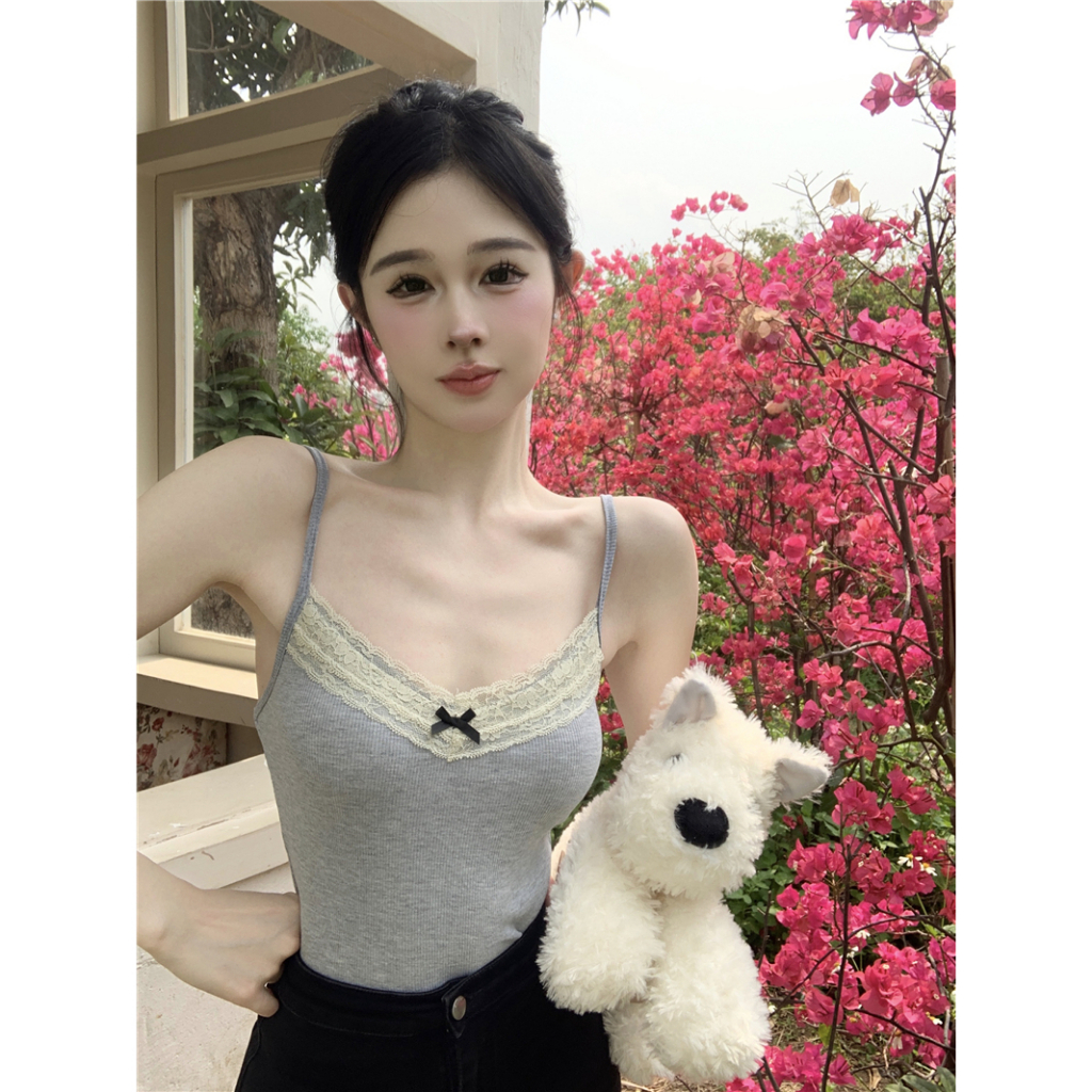 QADCOL Áo Hai Dây Mỏng Ghép Nối Nơ Viền Ren Màu Xám Chống Trượt Mùa Hè Cho Nữ Mặc Ngoài Trời niche