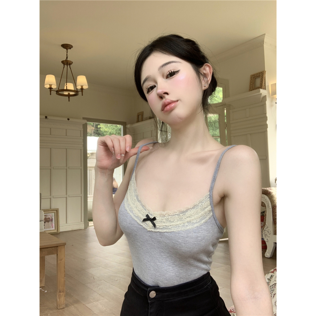 QADCOL Áo Hai Dây Mỏng Ghép Nối Nơ Viền Ren Màu Xám Chống Trượt Mùa Hè Cho Nữ Mặc Ngoài Trời niche