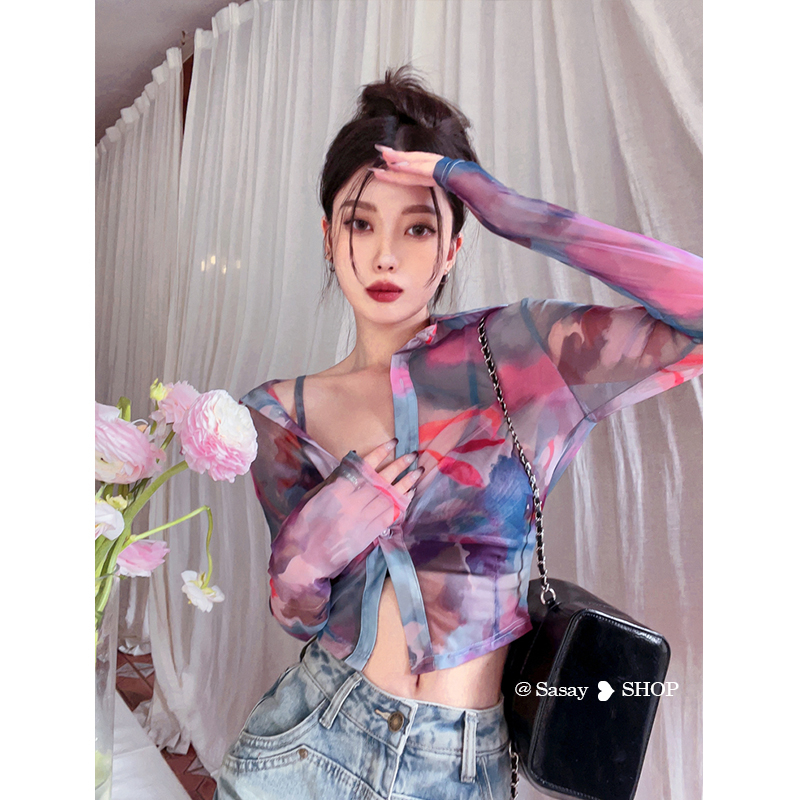 QADCOL Áo Sơ Mi Dài Tay Hai Dây In Họa Tiết Trừu Tượng Thời Trang Mùa Hè Mới Cho Nữ