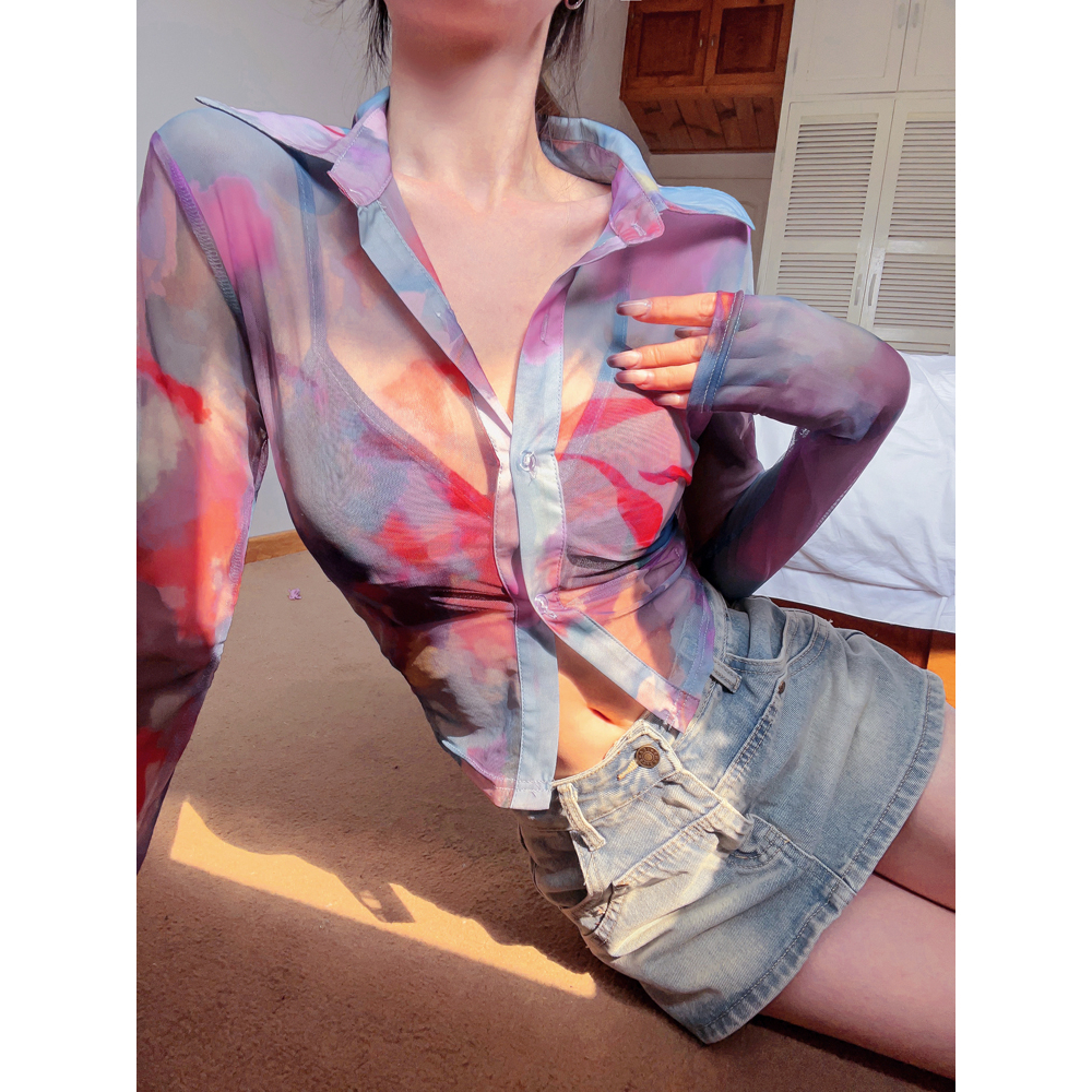 QADCOL Áo Sơ Mi Dài Tay Hai Dây In Họa Tiết Trừu Tượng Thời Trang Mùa Hè Mới Cho Nữ