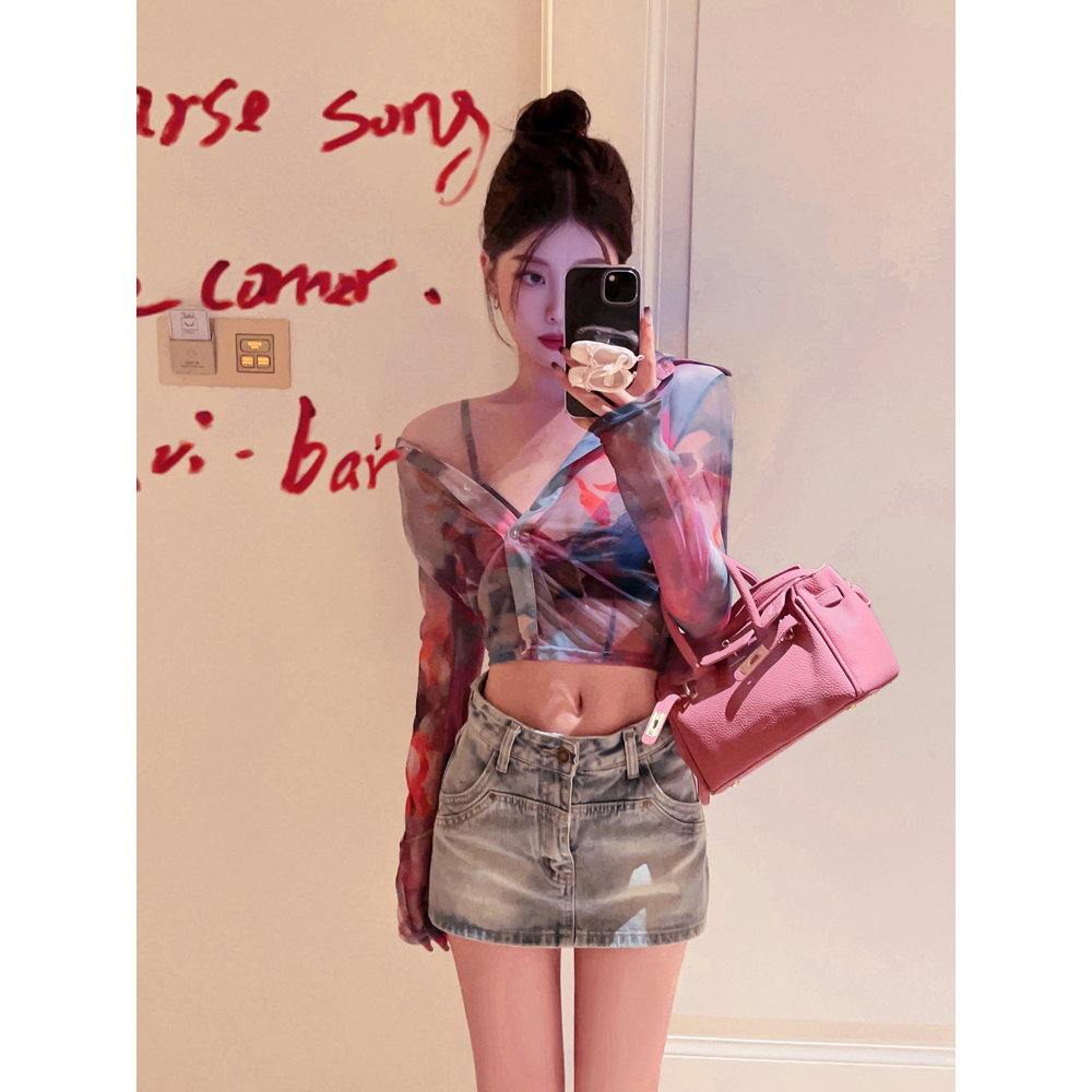 QADCOL Áo Sơ Mi Dài Tay Hai Dây In Họa Tiết Trừu Tượng Thời Trang Mùa Hè Mới Cho Nữ