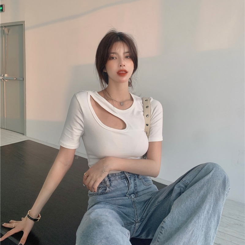 Lalisas Áo Thun Ngắn Tay Khoét Lỗ Thời Trang Quyến Rũ Cho Nữ