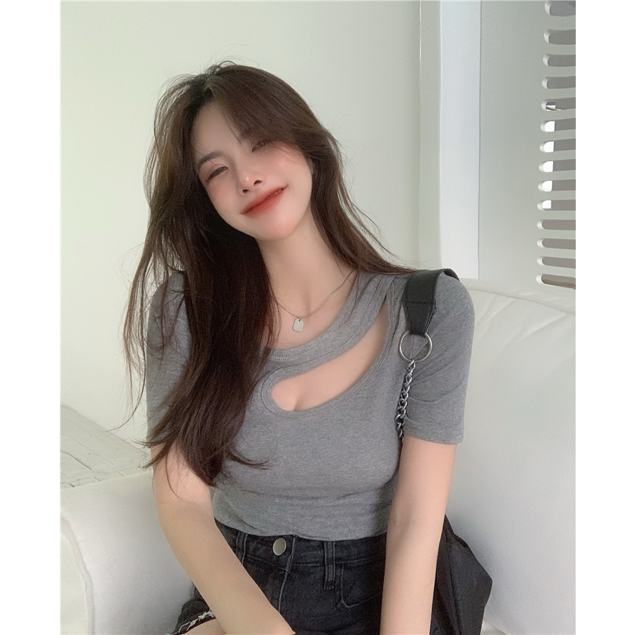 Lalisas Áo Thun Ngắn Tay Khoét Lỗ Thời Trang Quyến Rũ Cho Nữ