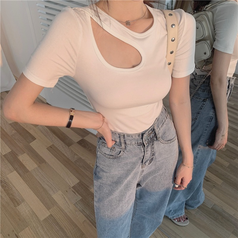 Lalisas Áo Thun Ngắn Tay Khoét Lỗ Thời Trang Quyến Rũ Cho Nữ