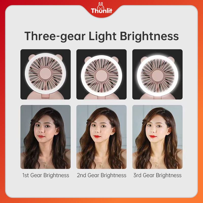 Quạt kẹp di động THUNLIT với đèn sạc USB có thể sạc lại sáng tạo cầm tay gấp để bàn treo cổ mini dễ thương độc đáo