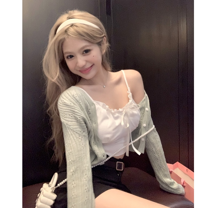 「Nonfatgirl」Pure Desire Áo Khoác Cardigan Dệt Kim Rỗng Chống Nắng + Áo Ống Không Tay Sang Trọng Cho Nữ Mua Sắm