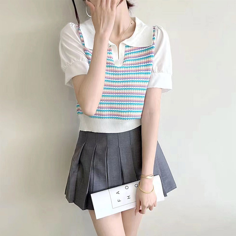 Áo polo Giả Hai Lớp Tay Ngắn Họa Tiết Kẻ Sọc Phong Cách Phương Tây Thời Trang Mùa Hè Cho Nữ