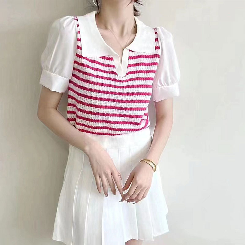 Áo polo Giả Hai Lớp Tay Ngắn Họa Tiết Kẻ Sọc Phong Cách Phương Tây Thời Trang Mùa Hè Cho Nữ