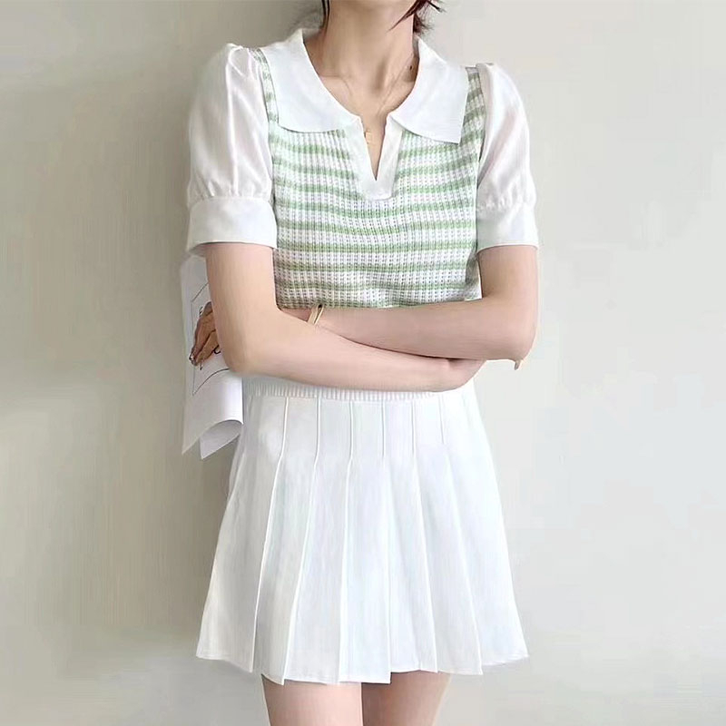 Áo polo Giả Hai Lớp Tay Ngắn Họa Tiết Kẻ Sọc Phong Cách Phương Tây Thời Trang Mùa Hè Cho Nữ