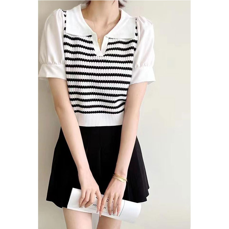 Áo polo Giả Hai Lớp Tay Ngắn Họa Tiết Kẻ Sọc Phong Cách Phương Tây Thời Trang Mùa Hè Cho Nữ