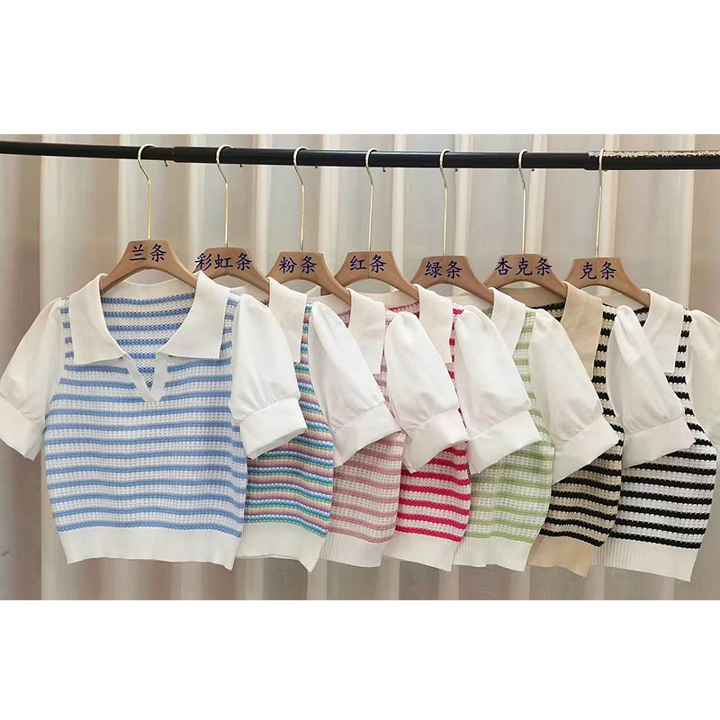 Áo polo Giả Hai Lớp Tay Ngắn Họa Tiết Kẻ Sọc Phong Cách Phương Tây Thời Trang Mùa Hè Cho Nữ