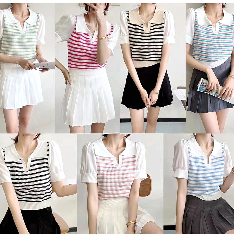 Áo polo Giả Hai Lớp Tay Ngắn Họa Tiết Kẻ Sọc Phong Cách Phương Tây Thời Trang Mùa Hè Cho Nữ