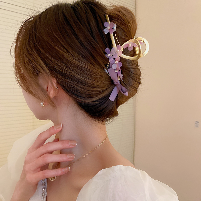 Kẹp Tóc Hình Nơ Đính Ngọc Trai Màu Hồng / Tím Xinh Xắn Cho Nữ