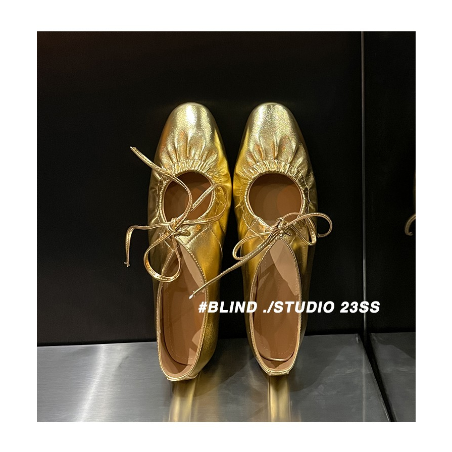 Giày Da Mềm Đế Bằng Cột Dây Màu Vàng / Bạc Phong Cách Retro Pháp Cho Nữ