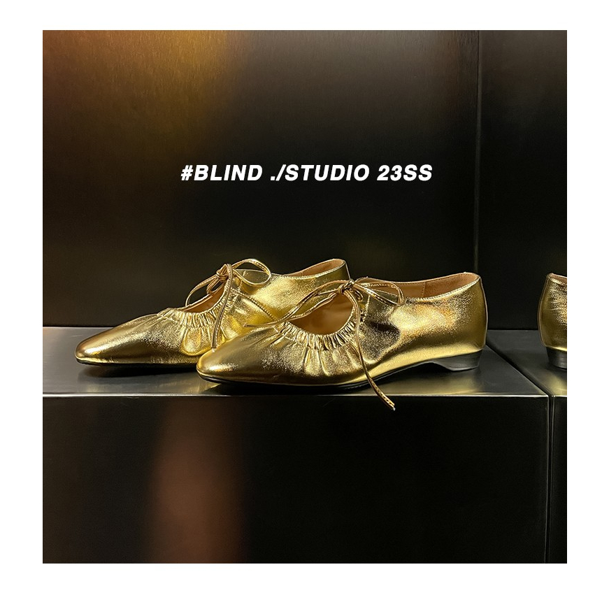 Giày Da Mềm Đế Bằng Cột Dây Màu Vàng / Bạc Phong Cách Retro Pháp Cho Nữ