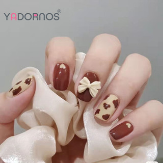 YADORNOS Set 24 móng tay giả dáng ngắn tông màu nâu tháo rời được phong cách ngọt ngào xinh xắn thời trang