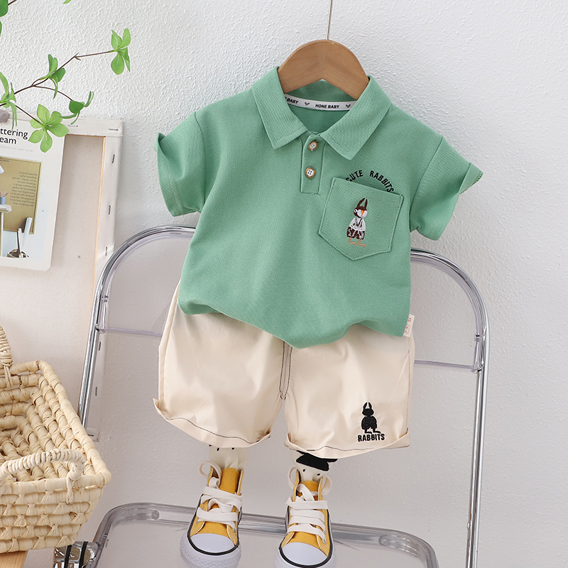 Set Áo Sơ Mi Tay Ngắn Và Quần Short Cotton Màu Trơn Thêu Hình Thỏ Phong Cách Mới Dành Cho Bé Kích Thước 80-120cm