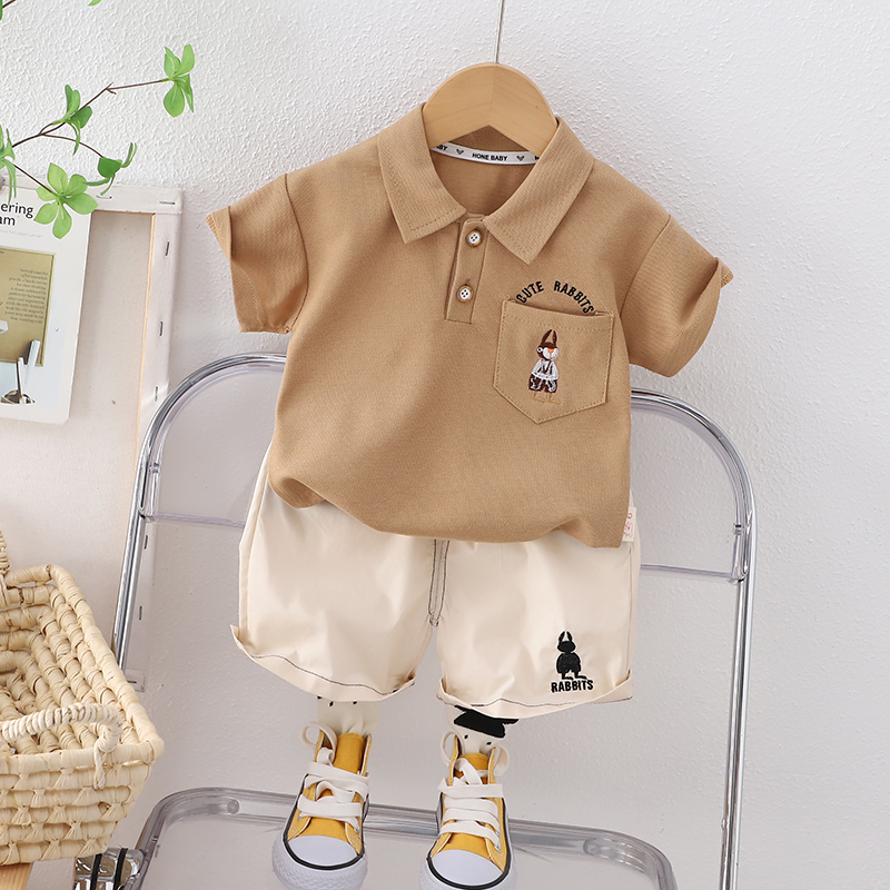 Set Áo Sơ Mi Tay Ngắn Và Quần Short Cotton Màu Trơn Thêu Hình Thỏ Phong Cách Mới Dành Cho Bé Kích Thước 80-120cm