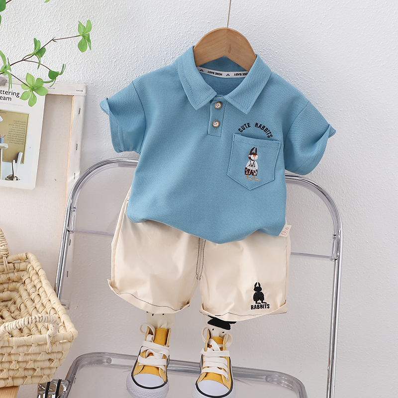 Set Áo Sơ Mi Tay Ngắn Và Quần Short Cotton Màu Trơn Thêu Hình Thỏ Phong Cách Mới Dành Cho Bé Kích Thước 80-120cm