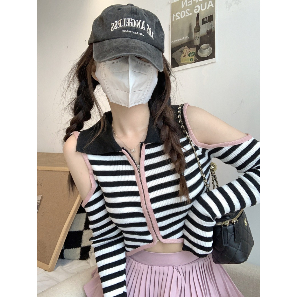 ZHELIHANGFEI Áo Dệt Kim Dài Tay Trễ Vai Họa Tiết Sọc Ngang Nữ Tính