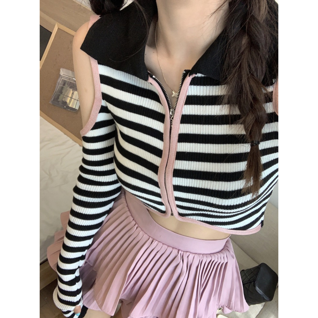 ZHELIHANGFEI Áo Dệt Kim Dài Tay Trễ Vai Họa Tiết Sọc Ngang Nữ Tính