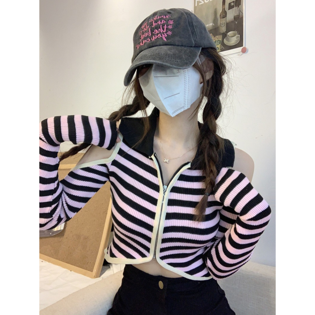 ZHELIHANGFEI Áo Dệt Kim Dài Tay Trễ Vai Họa Tiết Sọc Ngang Nữ Tính