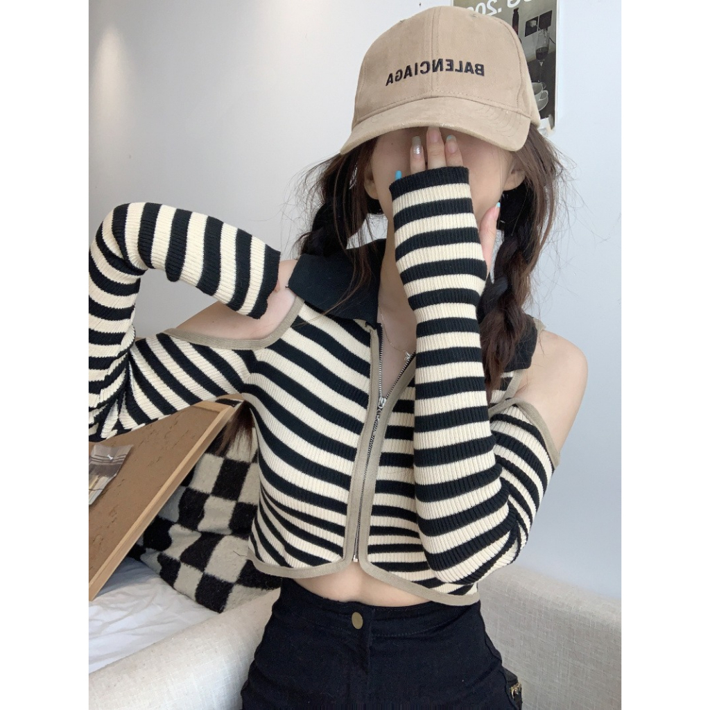 ZHELIHANGFEI Áo Dệt Kim Dài Tay Trễ Vai Họa Tiết Sọc Ngang Nữ Tính