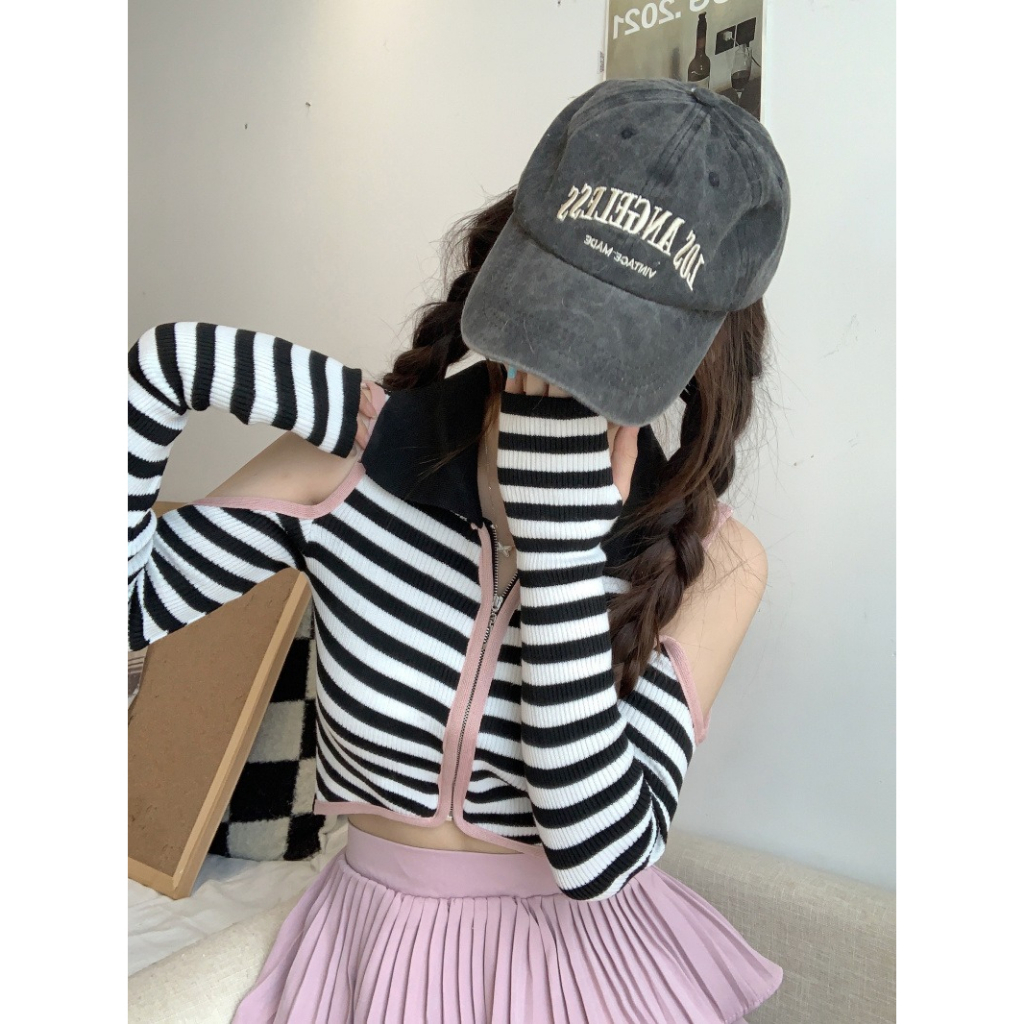 ZHELIHANGFEI Áo Dệt Kim Dài Tay Trễ Vai Họa Tiết Sọc Ngang Nữ Tính