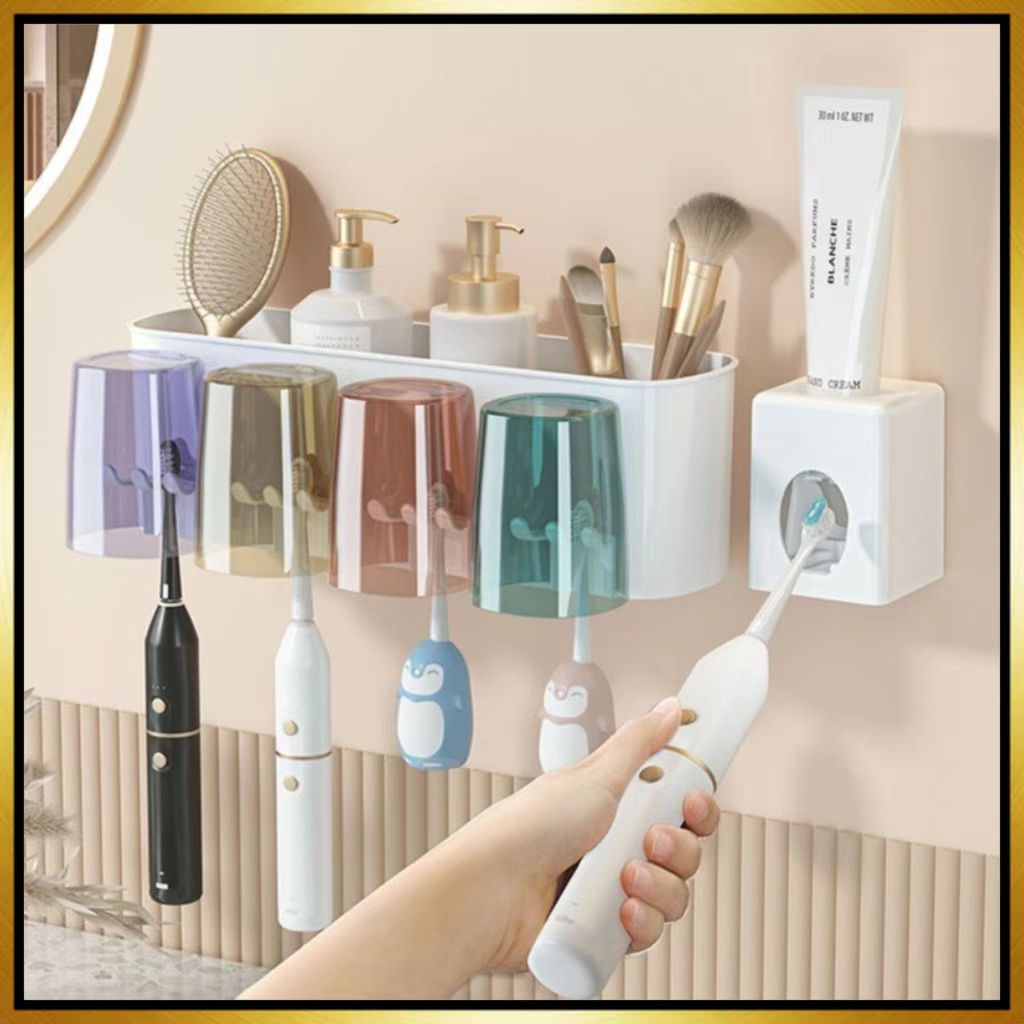 GUANHUA Bộ Dụng Cụ Nặn Kem Đánh Răng + Giá Đỡ Cốc Đánh Răng + Giá Đỡ Bàn Chải Đánh Răng Phong Cách Hàn Quốc Đa Năng Không Đục Lỗ Cho Nhà Tắm