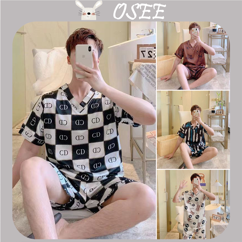 Bộ Đồ Ngủ Ngắn Tay Cổ Chữ V Dáng Rộng Vải Lụa Lạnh Mỏng In Họa Tiết Thời Trang Mùa Hè Hàn Quốc
