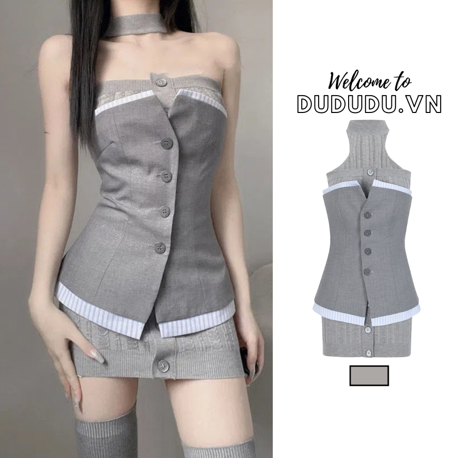 Set áo ống và đầm dệt kim hở vai dáng ngắn, phong cách Hàn Quốc, quyến rũ, cá tính, bộ đồ trendy mới dành cho nữ