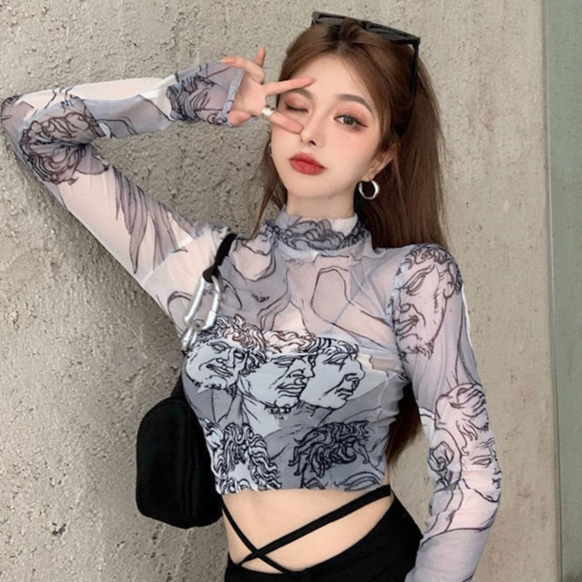 Áo Thun COZOK Lưới Tay Dài Cổ Lọ Thời Trang Cho Nữ