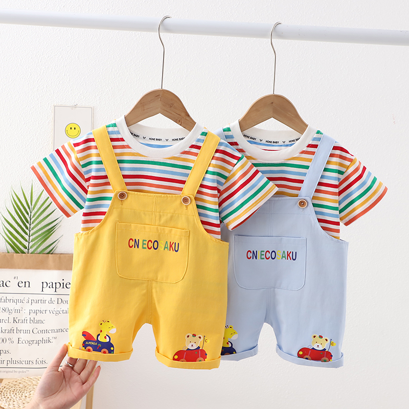 Set Áo Thun Ngắn Tay Cổ Tròn Kẻ Sọc Nhiều Màu + Quần Short Yếm Cotton Thời Trang Mùa Hè Mới Cho Bé 80-110cm