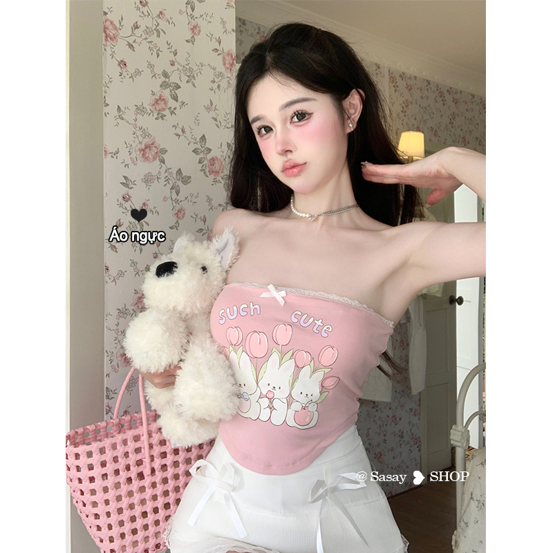 QADCOL Áo Không Dây In Hình Thỏ Phối Ren Quyến Rũ Chống Trượt Cho Nữ