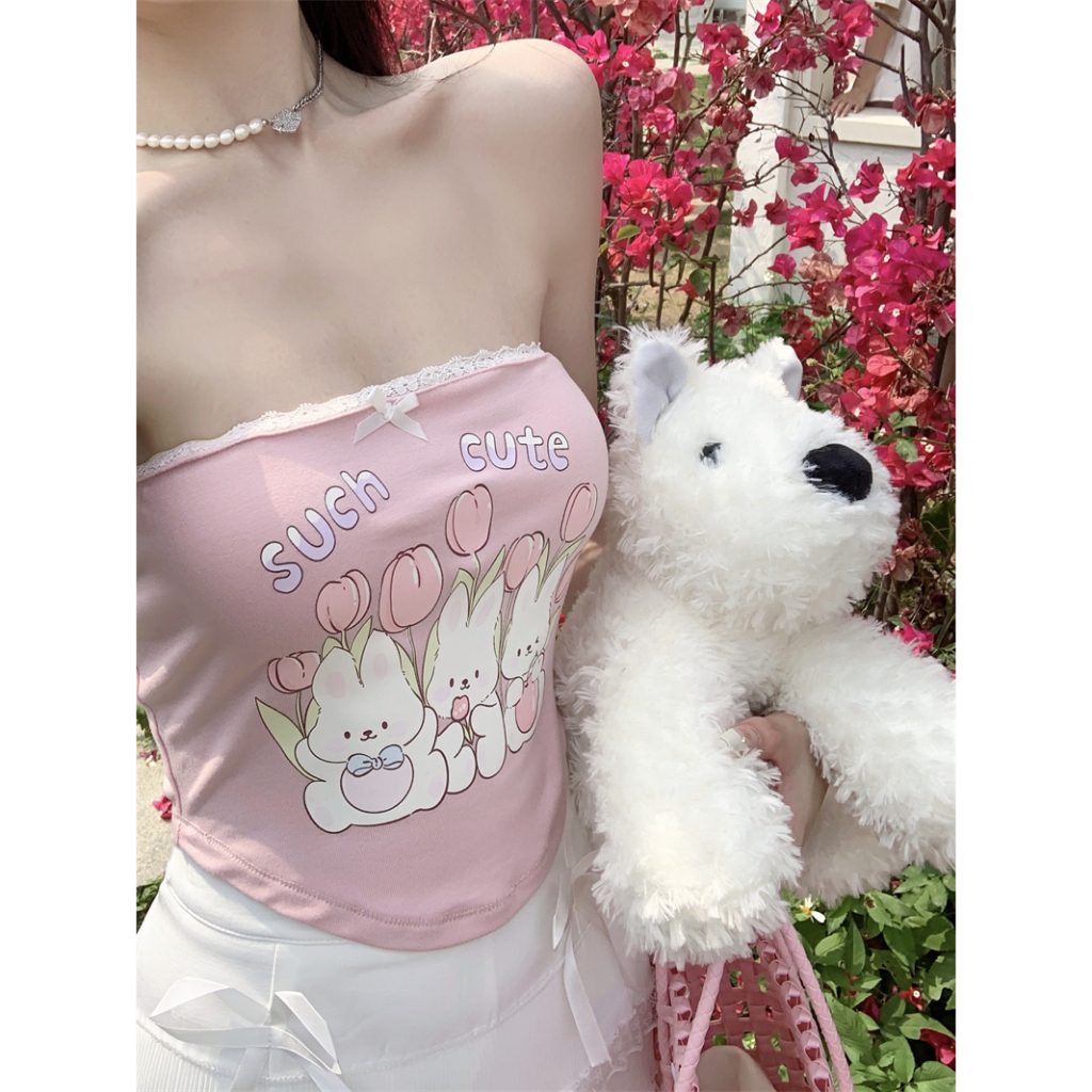 QADCOL Áo Không Dây In Hình Thỏ Phối Ren Quyến Rũ Chống Trượt Cho Nữ