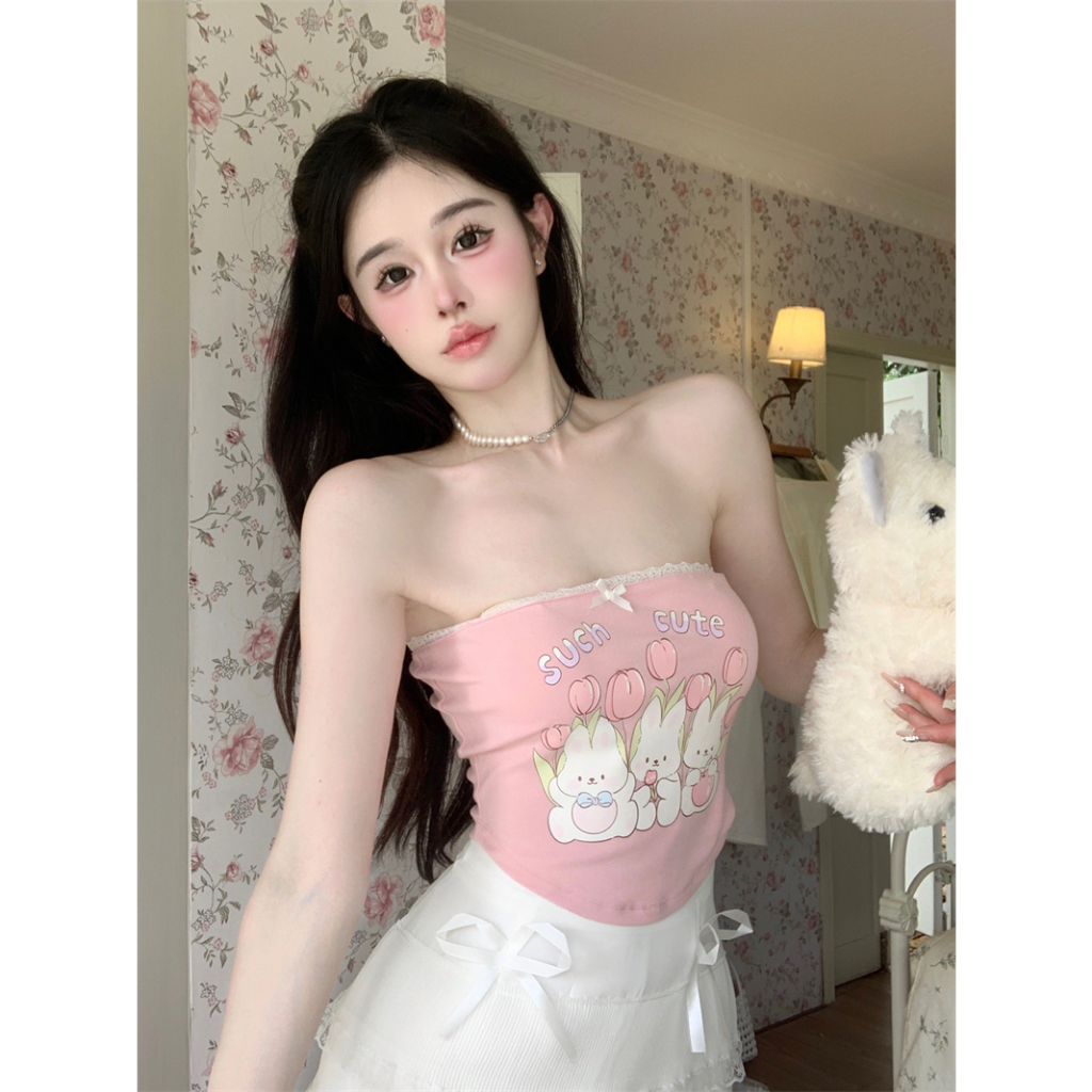 QADCOL Áo Không Dây In Hình Thỏ Phối Ren Quyến Rũ Chống Trượt Cho Nữ