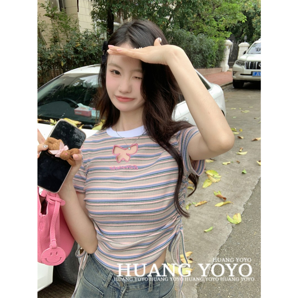 Áo Thun Croptop Tay Ngắn Dáng Ôm Họa Tiết Kẻ Sọc Phối Dây Rút Thời Trang Cho Nữ