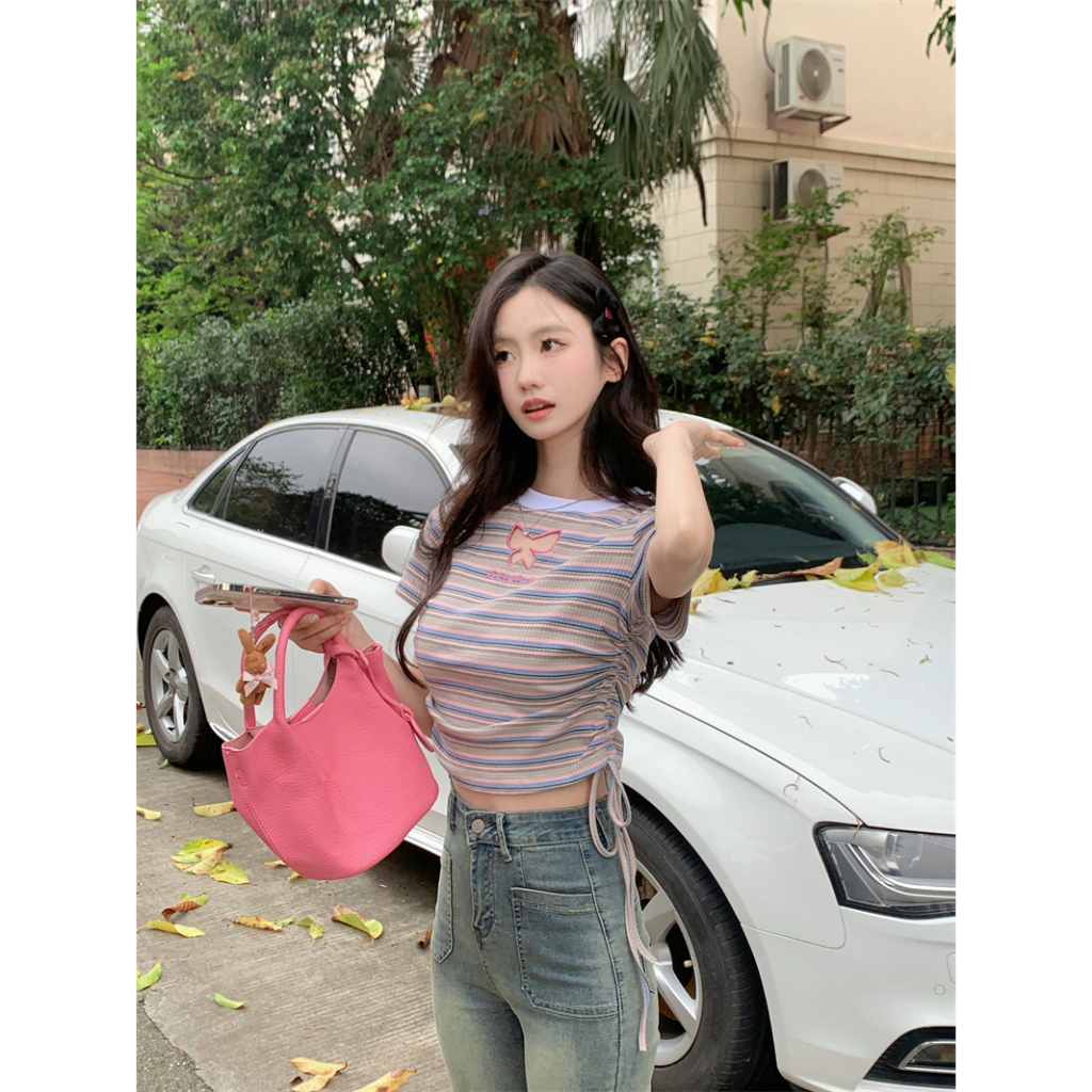 Áo Thun Croptop Tay Ngắn Dáng Ôm Họa Tiết Kẻ Sọc Phối Dây Rút Thời Trang Cho Nữ