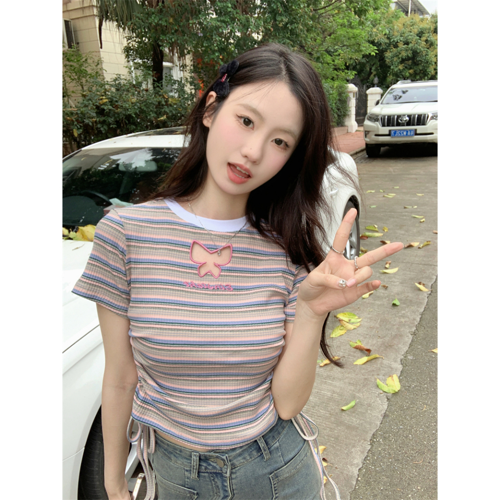 Áo Thun Croptop Tay Ngắn Dáng Ôm Họa Tiết Kẻ Sọc Phối Dây Rút Thời Trang Cho Nữ