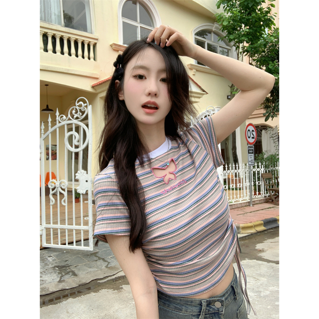 Áo Thun Croptop Tay Ngắn Dáng Ôm Họa Tiết Kẻ Sọc Phối Dây Rút Thời Trang Cho Nữ