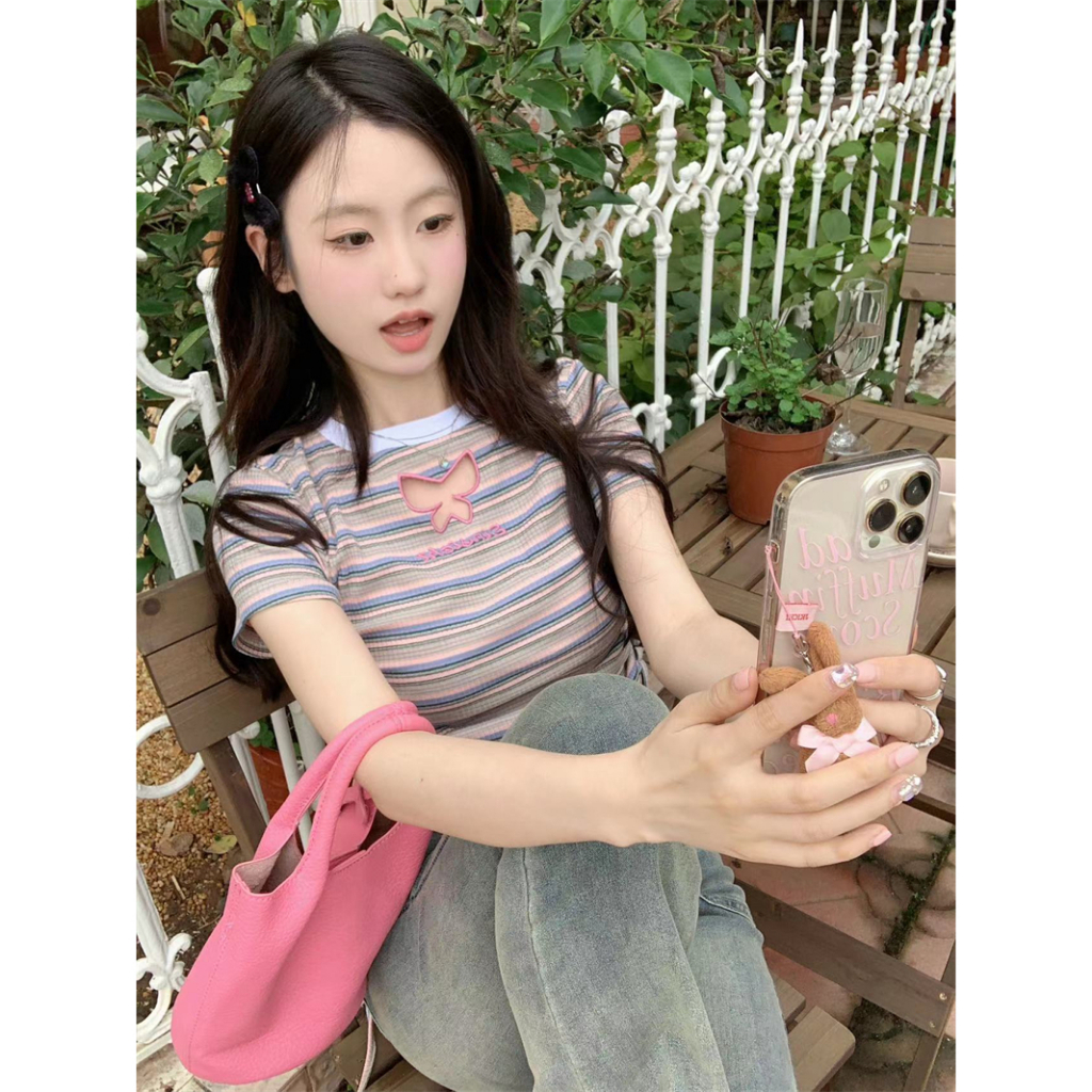 Áo Thun Croptop Tay Ngắn Dáng Ôm Họa Tiết Kẻ Sọc Phối Dây Rút Thời Trang Cho Nữ