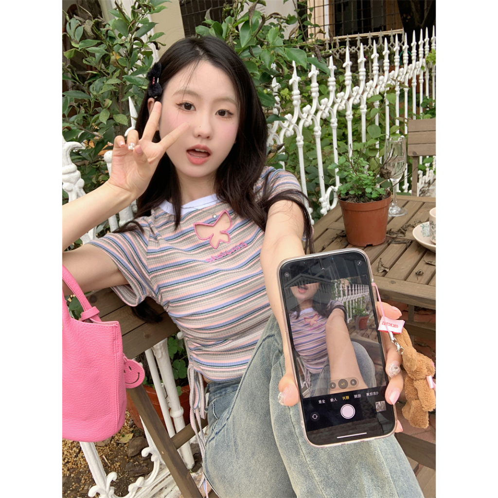 Áo Thun Croptop Tay Ngắn Dáng Ôm Họa Tiết Kẻ Sọc Phối Dây Rút Thời Trang Cho Nữ