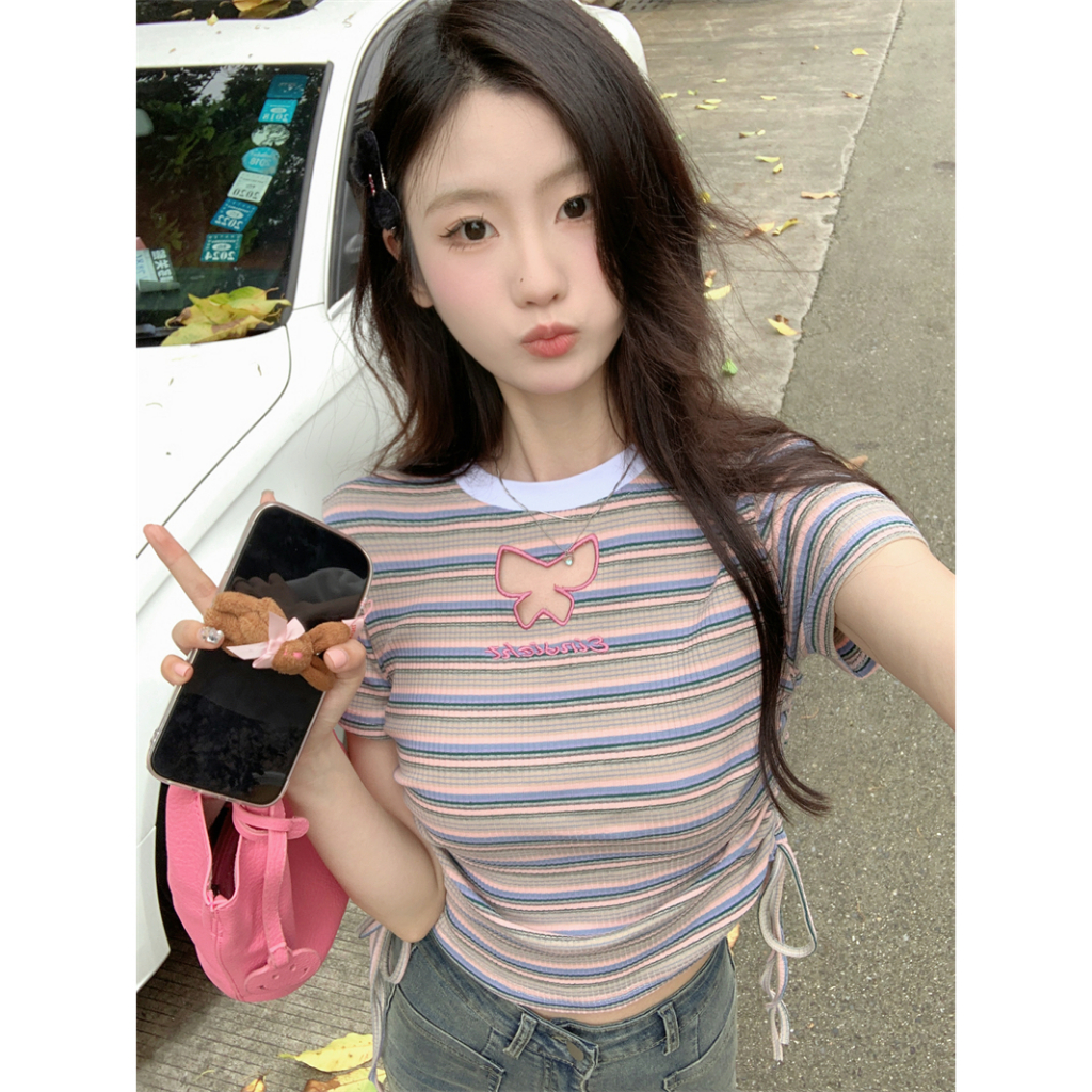 Áo Thun Croptop Tay Ngắn Dáng Ôm Họa Tiết Kẻ Sọc Phối Dây Rút Thời Trang Cho Nữ