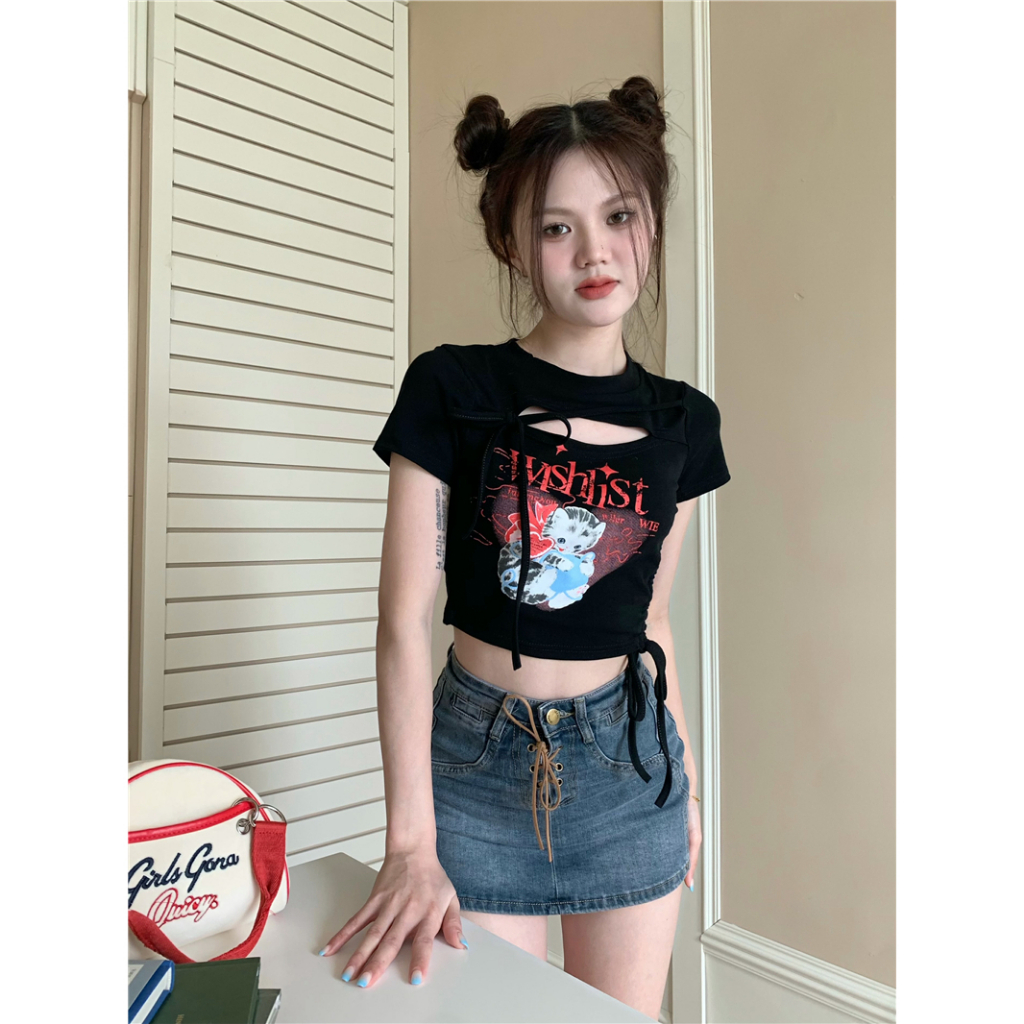 Áo Thun Croptop Tay Ngắn Dáng Ôm Phối Dây Rút In Họa Tiết Thời Trang Mùa Hè Mới 2023 Cho Nữ